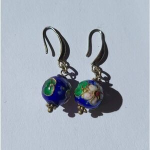 VTG Cloisonne Enamel Floral Drop Earrings Blue Gold Silver Hook Excellent Boho